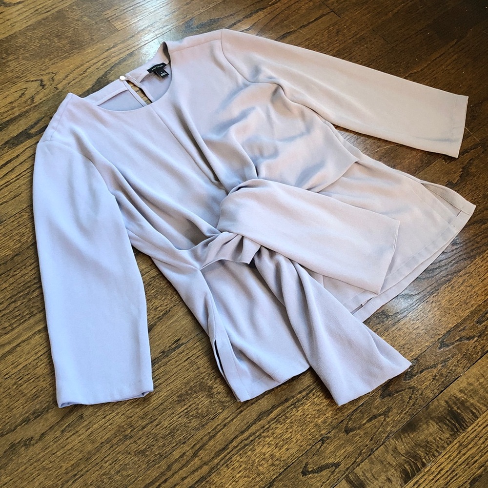 3/$10 Slate Gray Muted Blue Tie Sash Waist Flowy 3/4 Sleeve Blouse - Picture 3 of 6